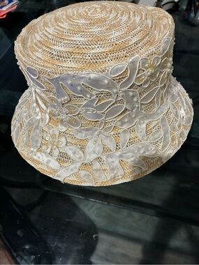 Finesse Cream Straw Bucket Hat with Satin Floral Appliqués and Pearls
